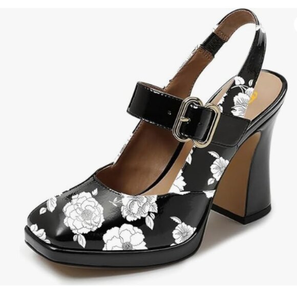 FYS Shoes - FYS Black Flower Platform Square Toe Chunky High Heel Mary Janes Slingback Pumps